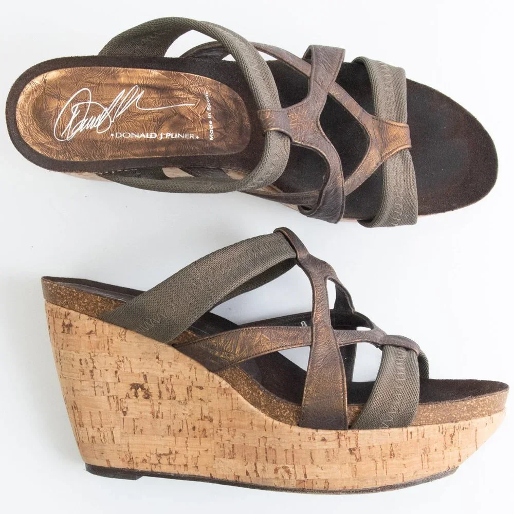 Donald J. Pliner Bethia Shoes  Cork Wedge Platform Metallic Bronze Size 8